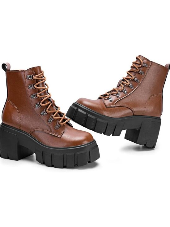 Shoes - Women’s Brown Lightweight Lace Up Side Zipper High Heel Chunky Combat Boots